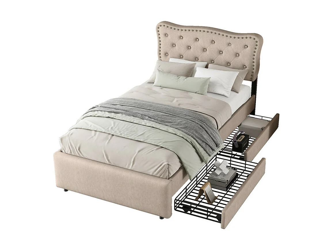 Lit rembourré en tissu de lin avec 2 tiroirs - 90x200cm - tête de lit décorée de rivets - Taupe