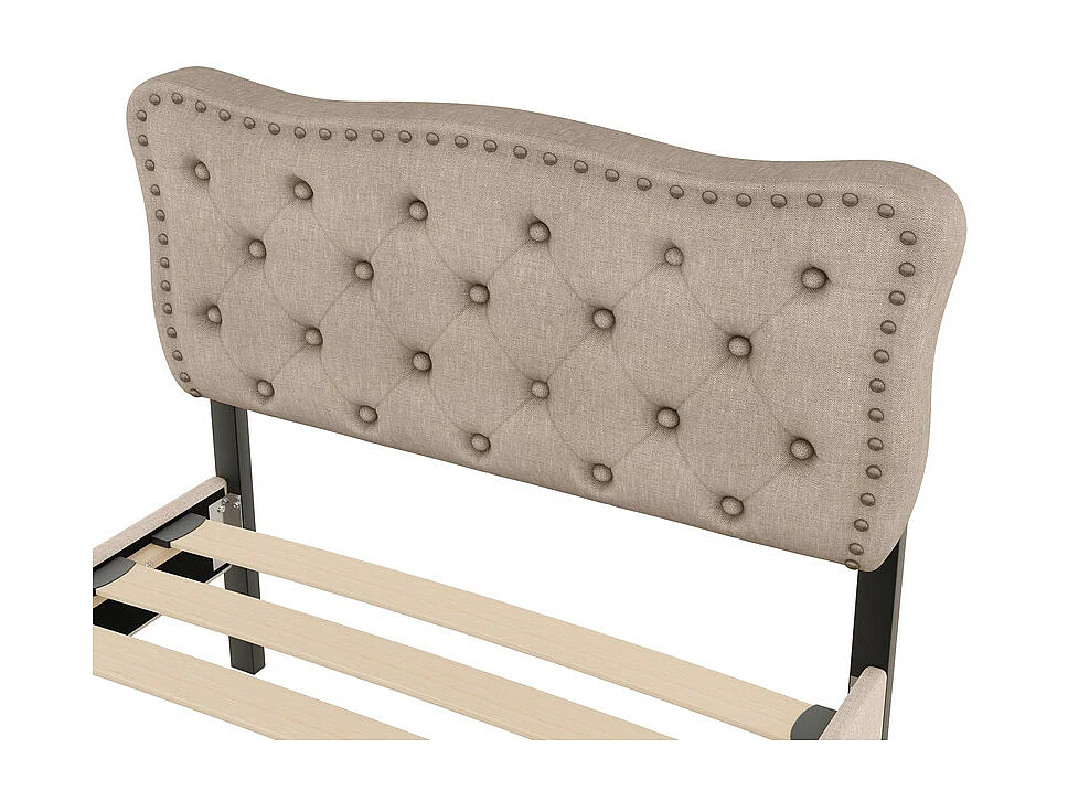 Lit rembourré en tissu de lin avec 2 tiroirs - 90x200cm - tête de lit décorée de rivets - Taupe