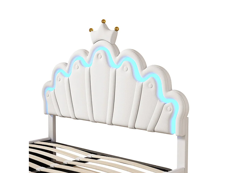Lit coffre rembourré en similicuir 140x200cm - lit princesse avec LED et moulures en couronne - Blanc