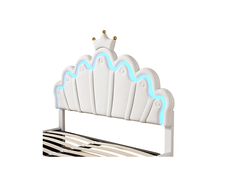 Lit coffre rembourré en similicuir 140x200cm - lit princesse avec LED et moulures en couronne - Blanc