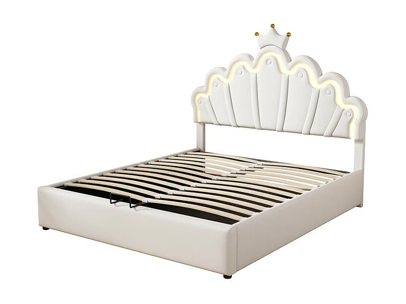Lit coffre rembourré en similicuir 140x200cm - lit princesse avec LED et moulures en couronne - Blanc