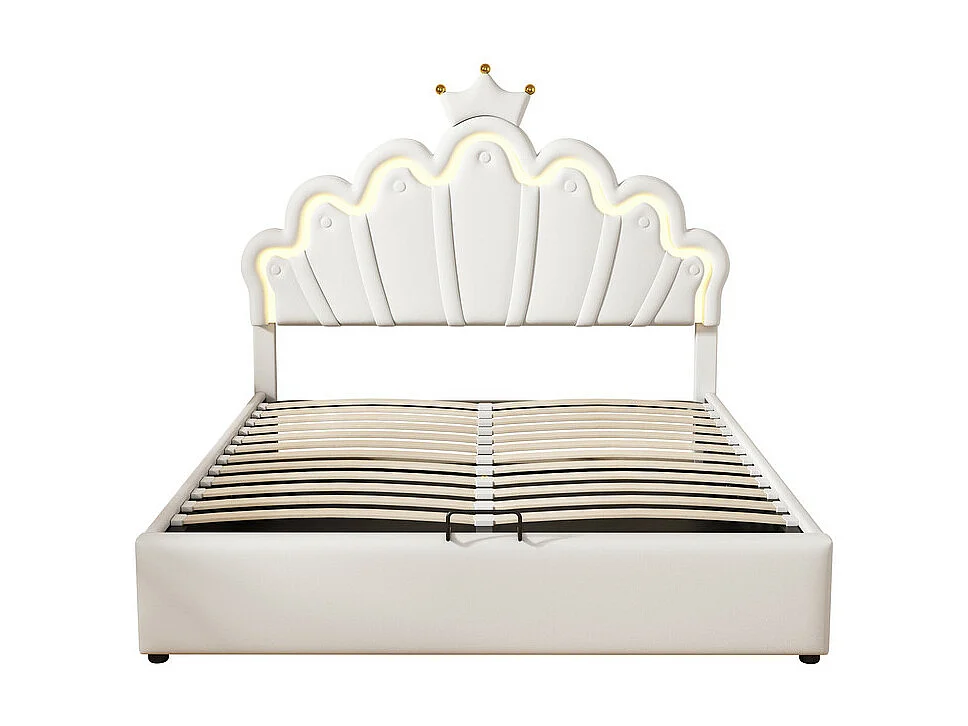 Lit coffre rembourré en similicuir 140x200cm - lit princesse avec LED et moulures en couronne - Blanc