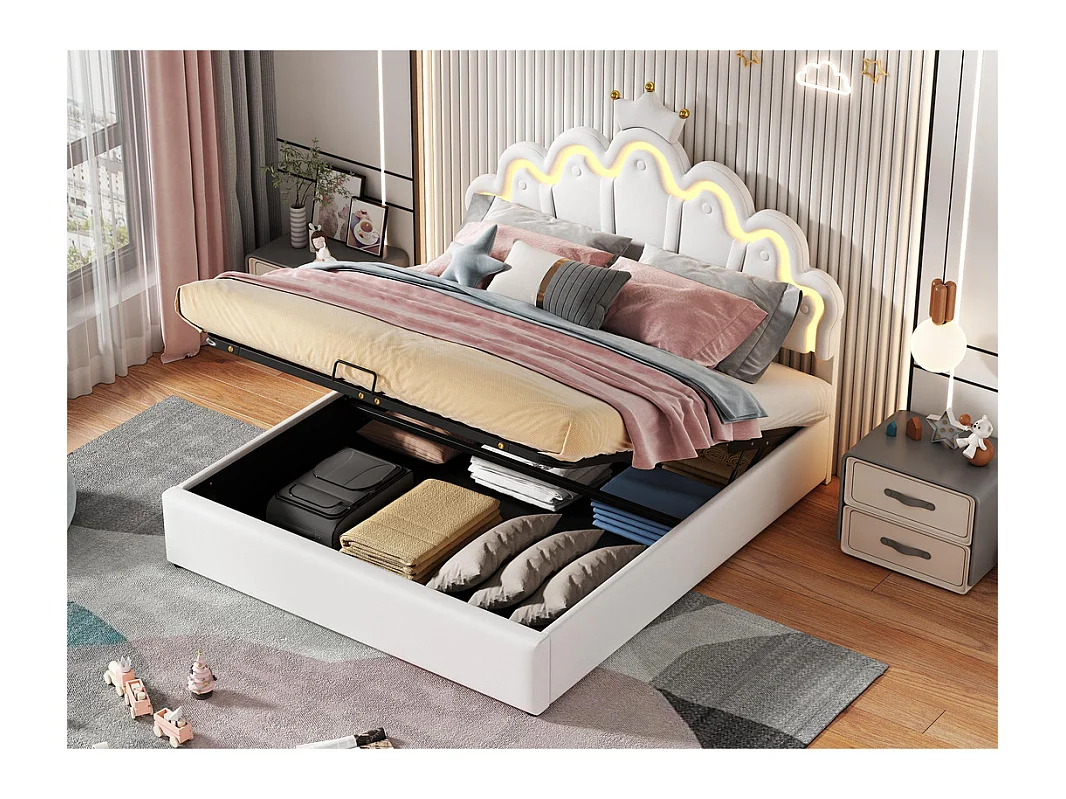 Lit coffre rembourré en similicuir 140x200cm - lit princesse avec LED et moulures en couronne - Blanc