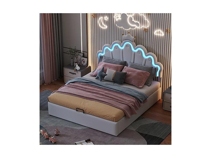 Cama contenedor tapizada en piel sintética 140x200 cm - cama princesa con LED y molduras de techo - Blanco