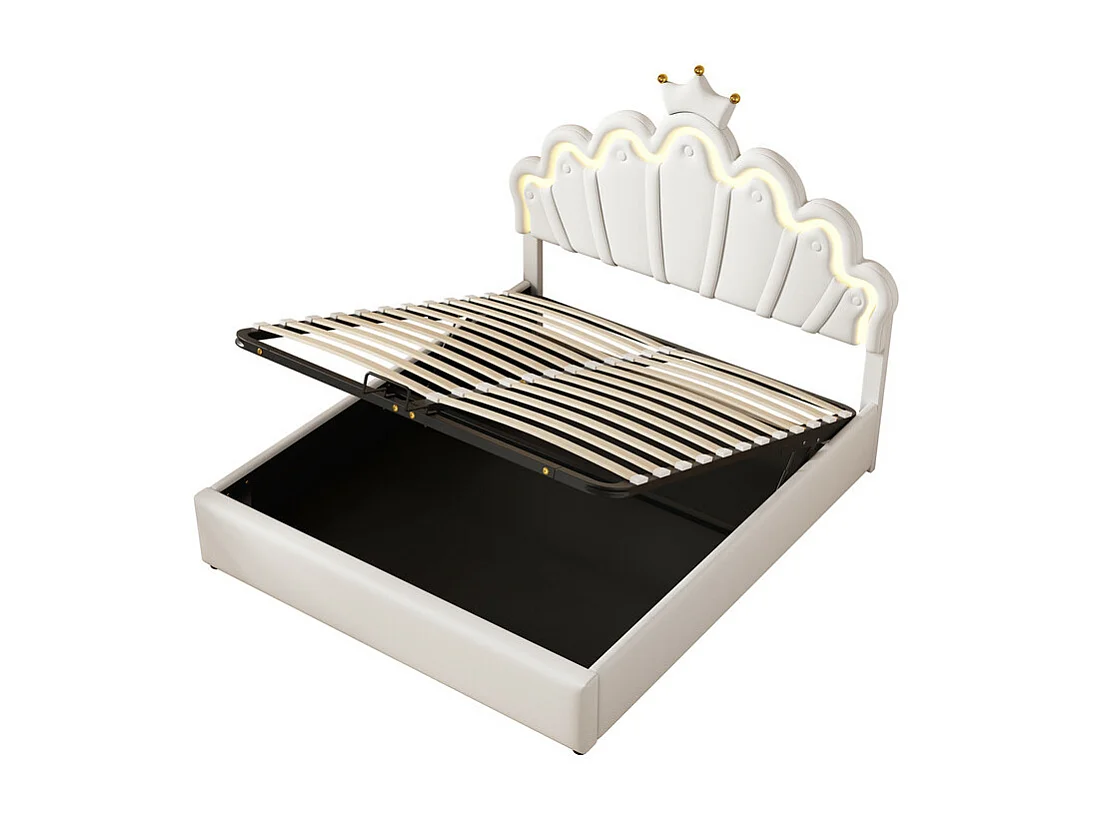 Cama contenedor tapizada en piel sintética 140x200 cm - cama princesa con LED y molduras de techo - Blanco