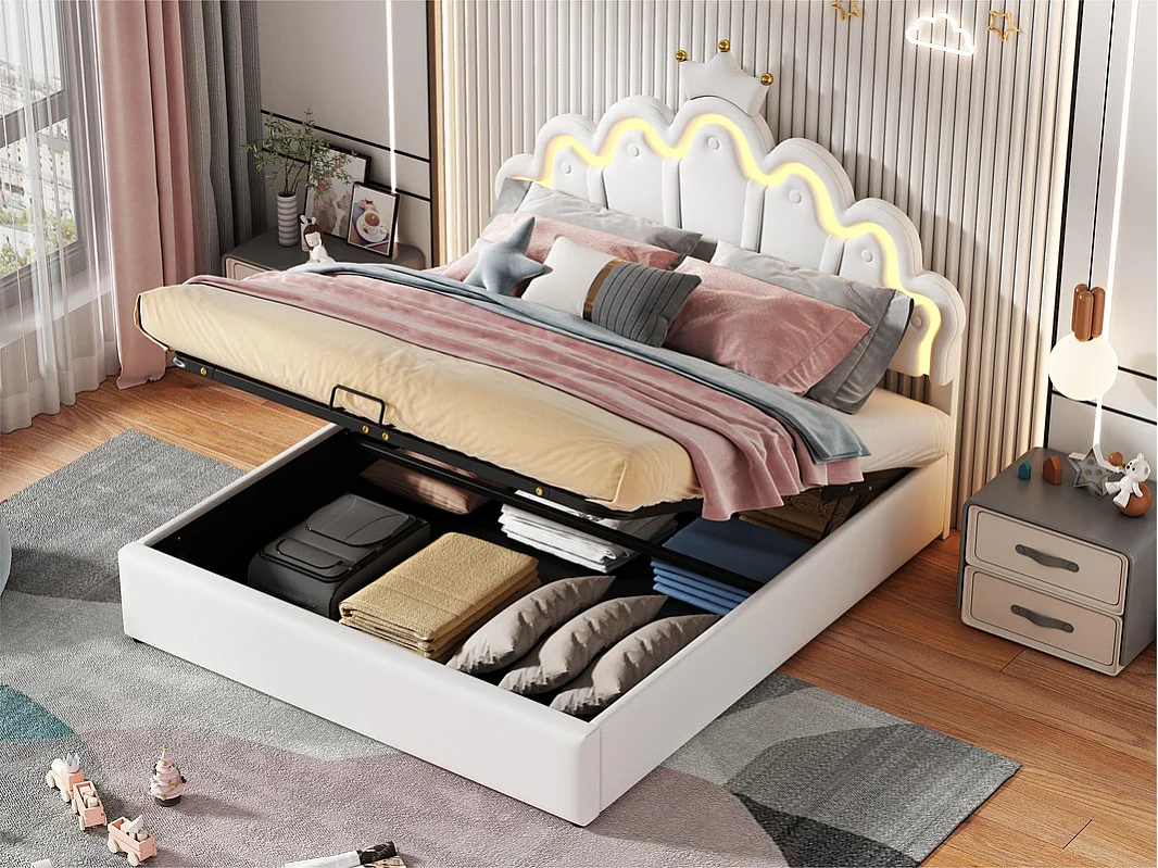 Gestoffeerd opbergbed in kunstleer 140x200cm - prinsessenbed met LED en kroonlijsten - Wit