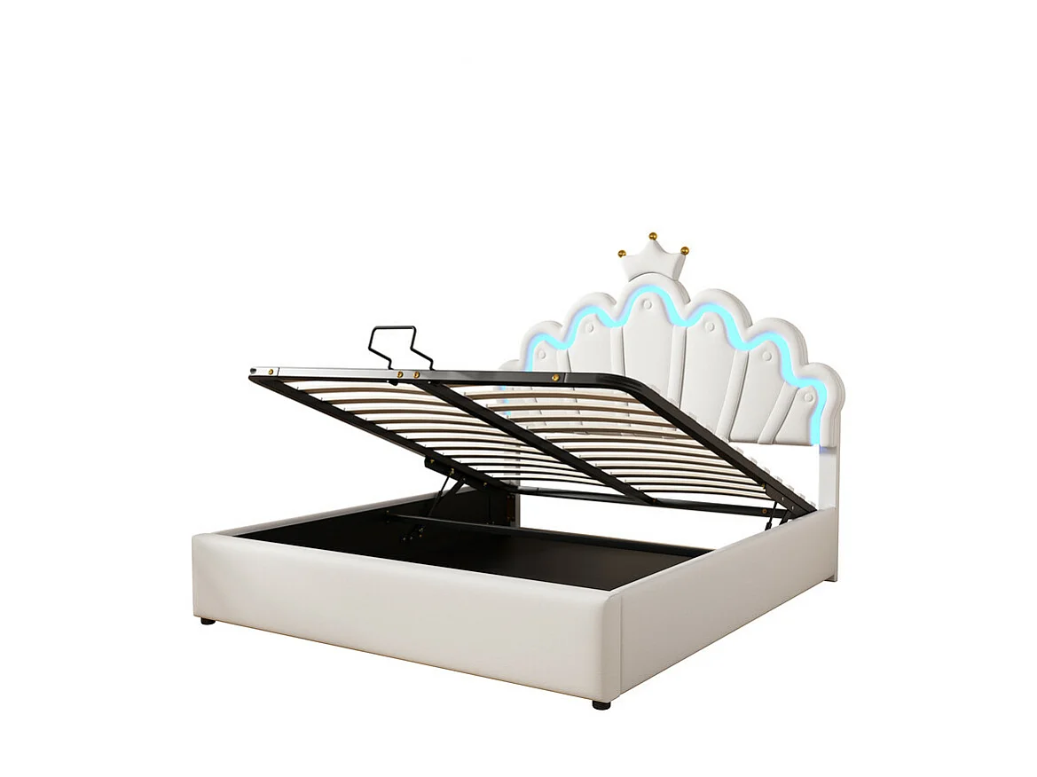 Gestoffeerd opbergbed in kunstleer 140x200cm - prinsessenbed met LED en kroonlijsten - Wit