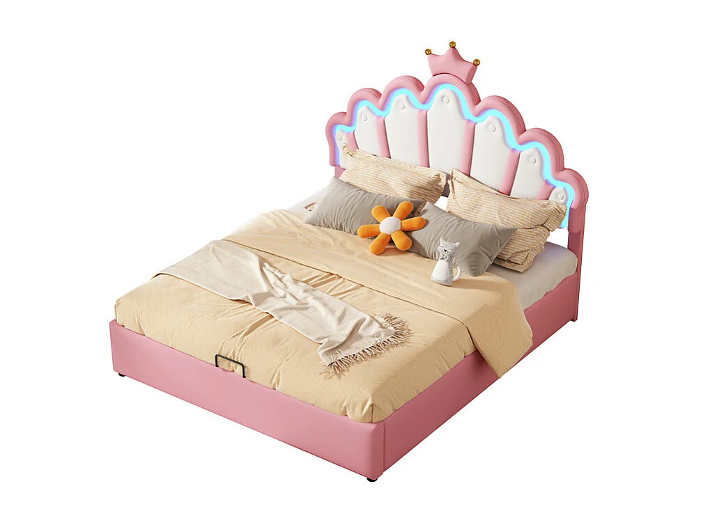 Gestoffeerd opbergbed in kunstleer 140x200cm - prinsessenbed met LED en kroonlijsten - Roze