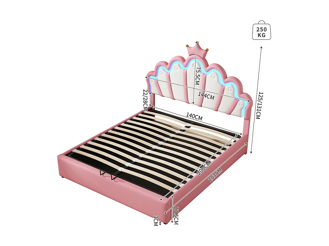 Gestoffeerd opbergbed in kunstleer 140x200cm - prinsessenbed met LED en kroonlijsten - Roze
