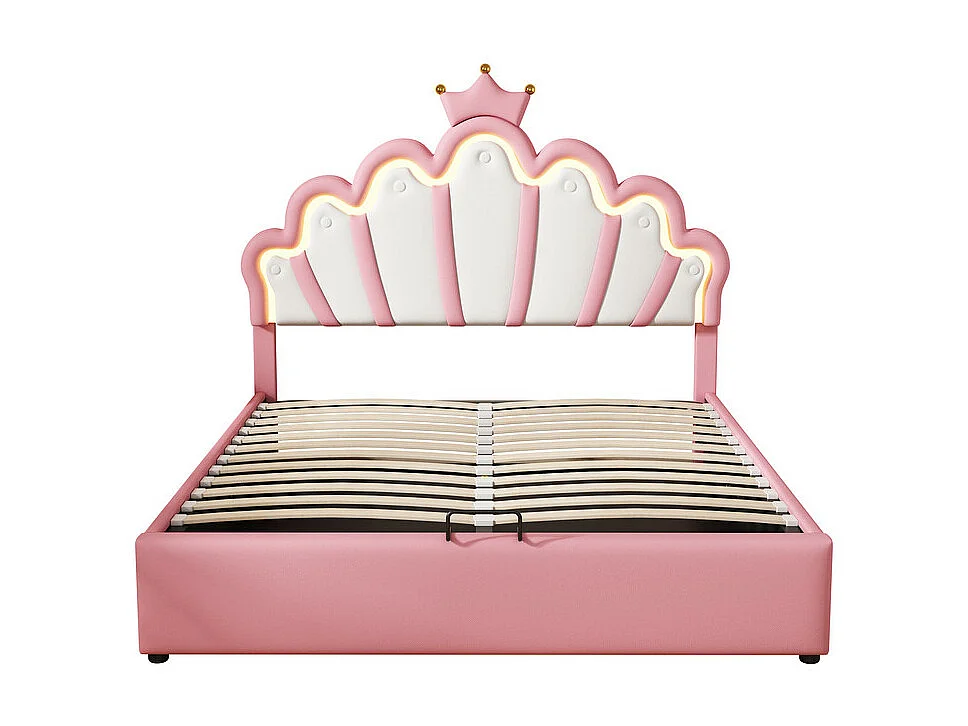 Gestoffeerd opbergbed in kunstleer 140x200cm - prinsessenbed met LED en kroonlijsten - Roze