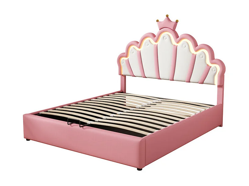 Gestoffeerd opbergbed in kunstleer 140x200cm - prinsessenbed met LED en kroonlijsten - Roze