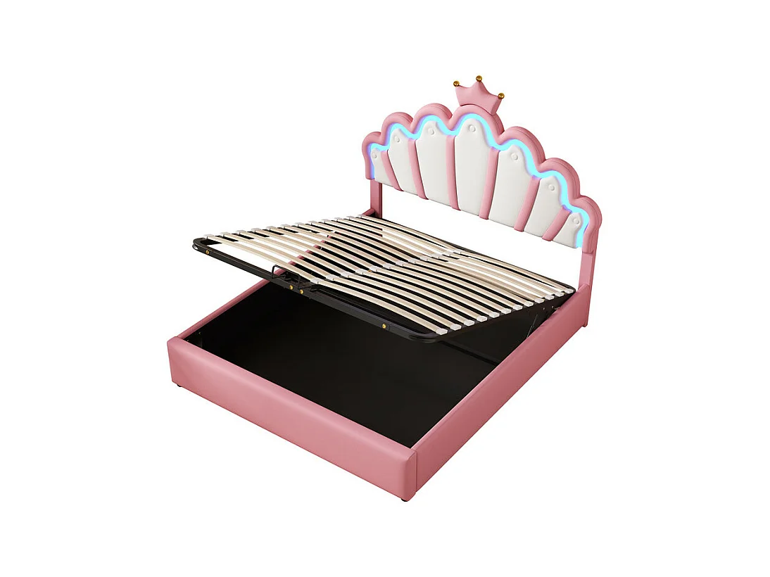 Gestoffeerd opbergbed in kunstleer 140x200cm - prinsessenbed met LED en kroonlijsten - Roze