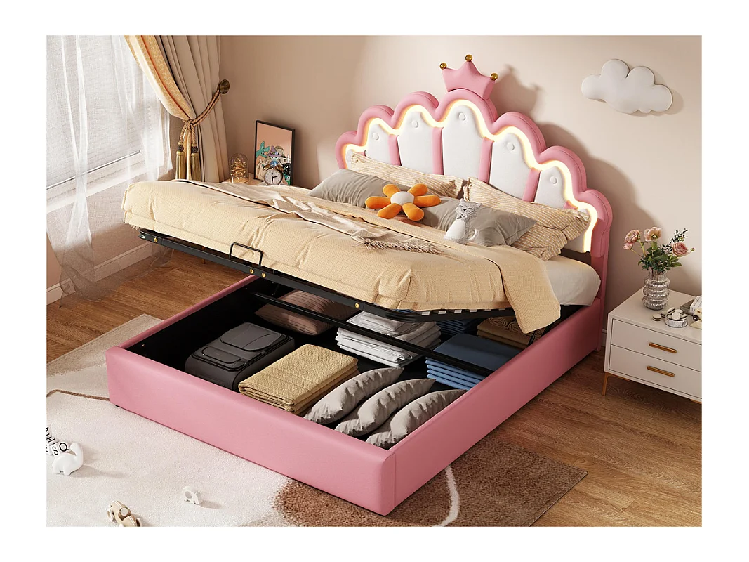 Gestoffeerd opbergbed in kunstleer 140x200cm - prinsessenbed met LED en kroonlijsten - Roze