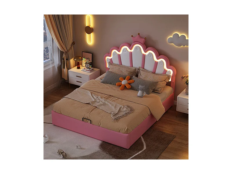 Gepolstertes Stauraumbett aus Kunstleder 140 x 200 cm – Prinzessinnenbett mit LED und Zierleisten – Rosa