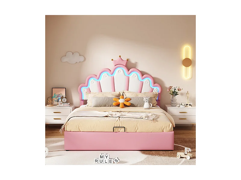 Gepolstertes Stauraumbett aus Kunstleder 140 x 200 cm – Prinzessinnenbett mit LED und Zierleisten – Rosa