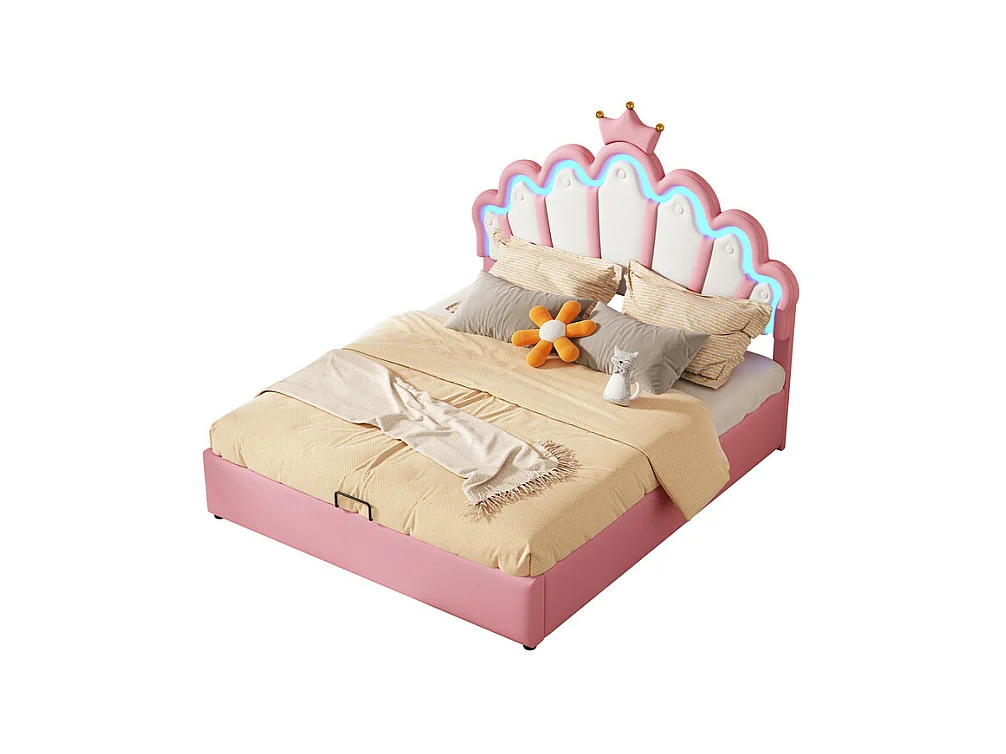 Gepolstertes Stauraumbett aus Kunstleder 140 x 200 cm – Prinzessinnenbett mit LED und Zierleisten – Rosa