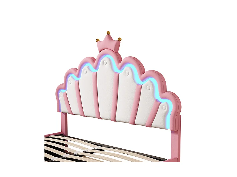 Gepolstertes Stauraumbett aus Kunstleder 140 x 200 cm – Prinzessinnenbett mit LED und Zierleisten – Rosa