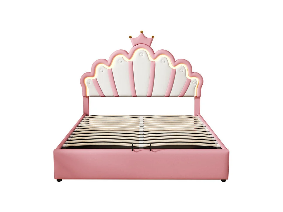 Gepolstertes Stauraumbett aus Kunstleder 140 x 200 cm – Prinzessinnenbett mit LED und Zierleisten – Rosa