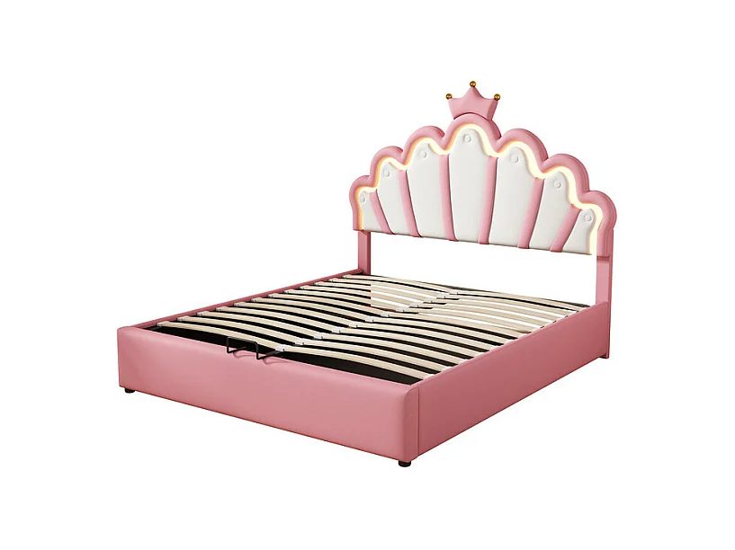 Gepolstertes Stauraumbett aus Kunstleder 140 x 200 cm – Prinzessinnenbett mit LED und Zierleisten – Rosa