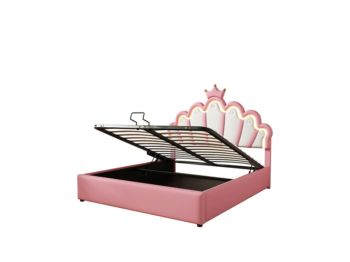 Gepolstertes Stauraumbett aus Kunstleder 140 x 200 cm – Prinzessinnenbett mit LED und Zierleisten – Rosa