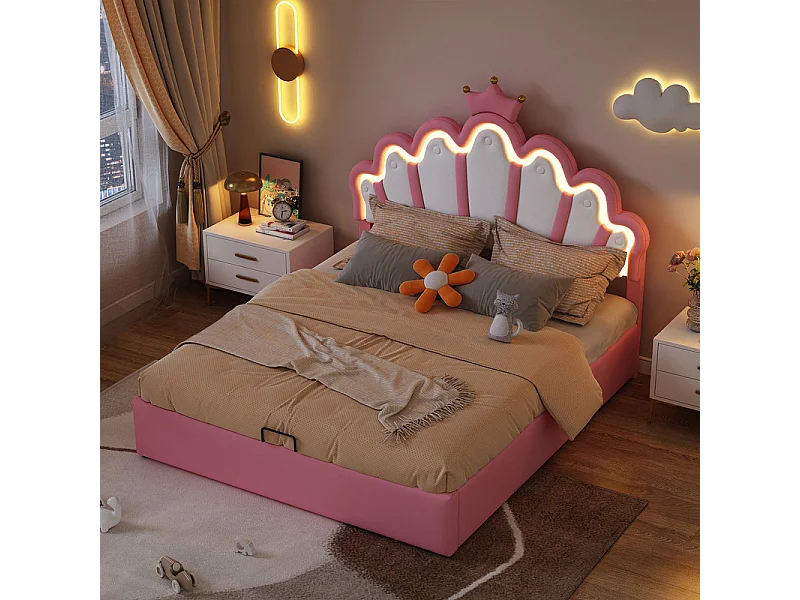 Gepolstertes Stauraumbett aus Kunstleder 140 x 200 cm – Prinzessinnenbett mit LED und Zierleisten – Rosa