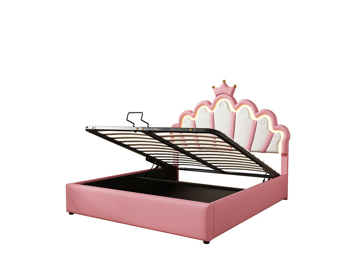 Gepolstertes Stauraumbett aus Kunstleder 140 x 200 cm – Prinzessinnenbett mit LED und Zierleisten – Rosa
