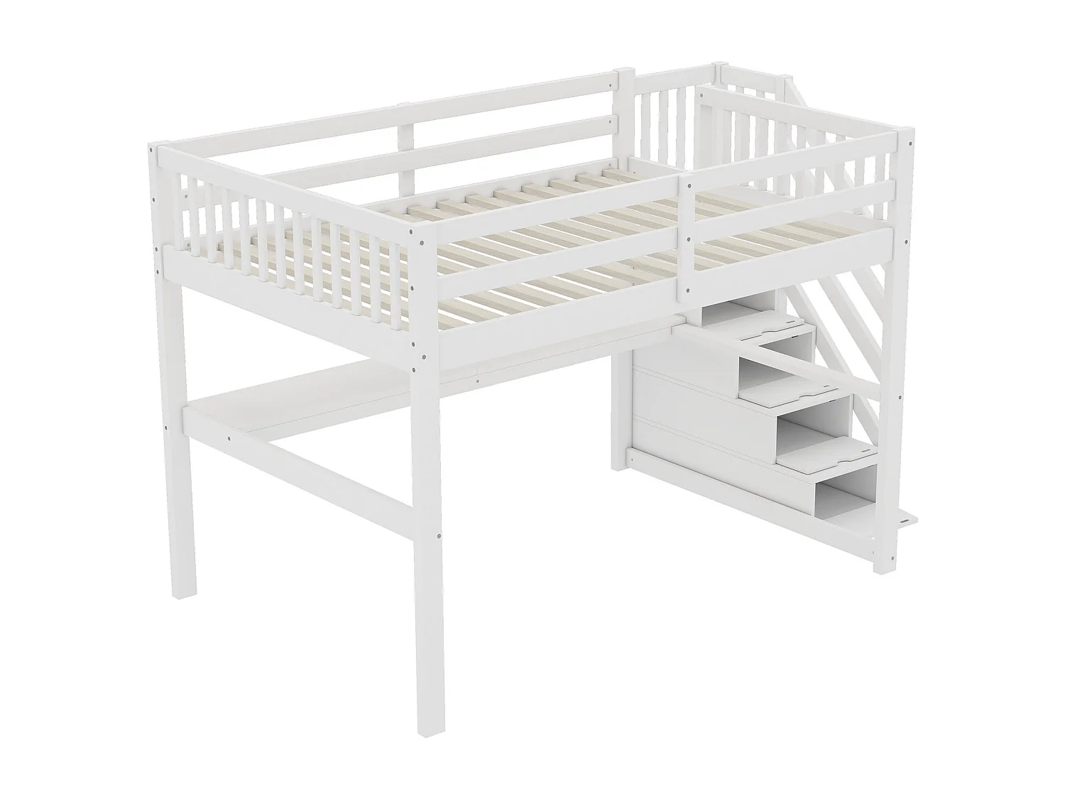 Cama entrepiso de madera de pino - 140x200 cm - con escalera y escritorio - con somier - Blanco