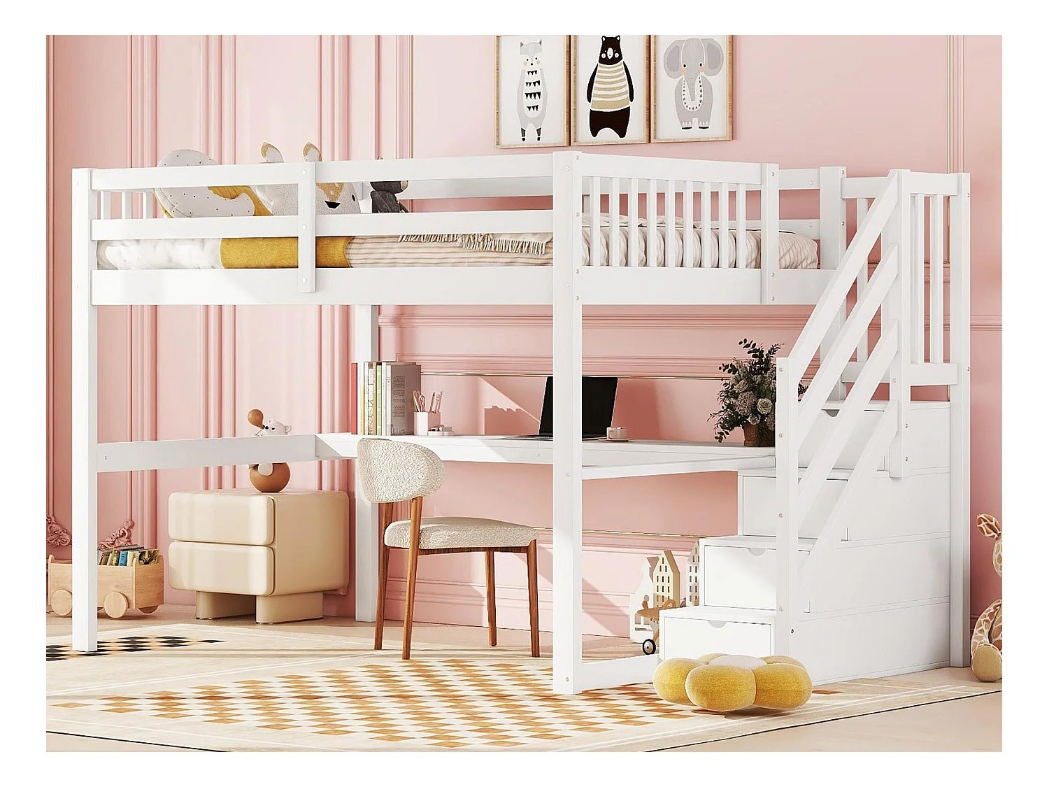 Lit mezzanine en bois de pin - 140x200cm - avec escalier de rangement et bureau - avec sommier à lattes - Blanc