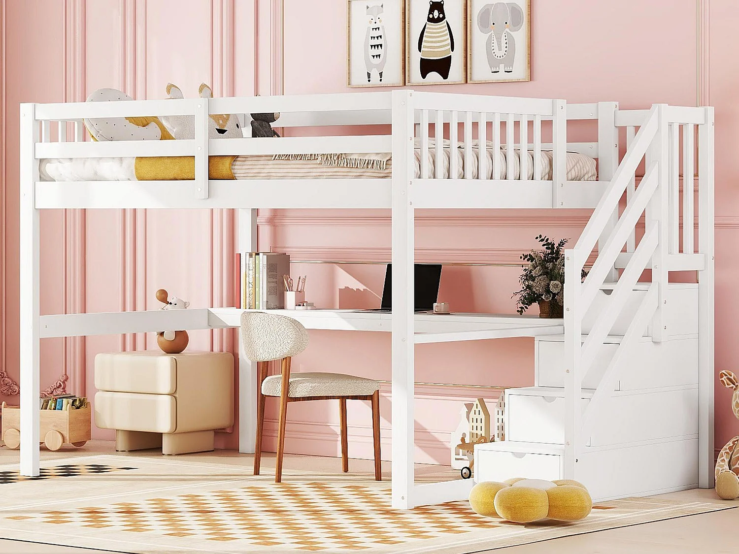 Mezzaninebed van grenenhout - 140x200cm - met opbergtrap en bureau - met lattenbodem - Wit