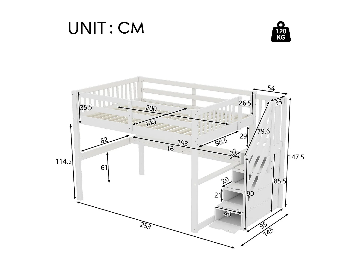 Mezzaninebed van grenenhout - 140x200cm - met opbergtrap en bureau - met lattenbodem - Wit