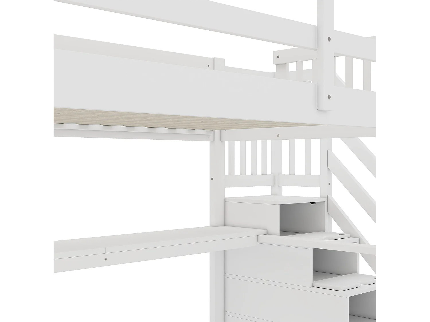 Mezzaninebed van grenenhout - 140x200cm - met opbergtrap en bureau - met lattenbodem - Wit