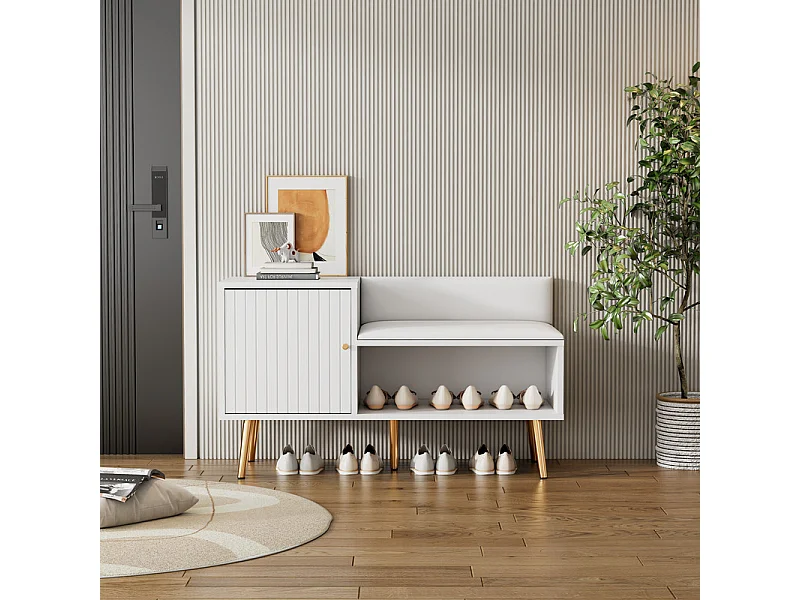 Schuhschrank – mit Bank und 2 Fächern – mit Griffen und Metallfüßen – moderner Stil – Weiß