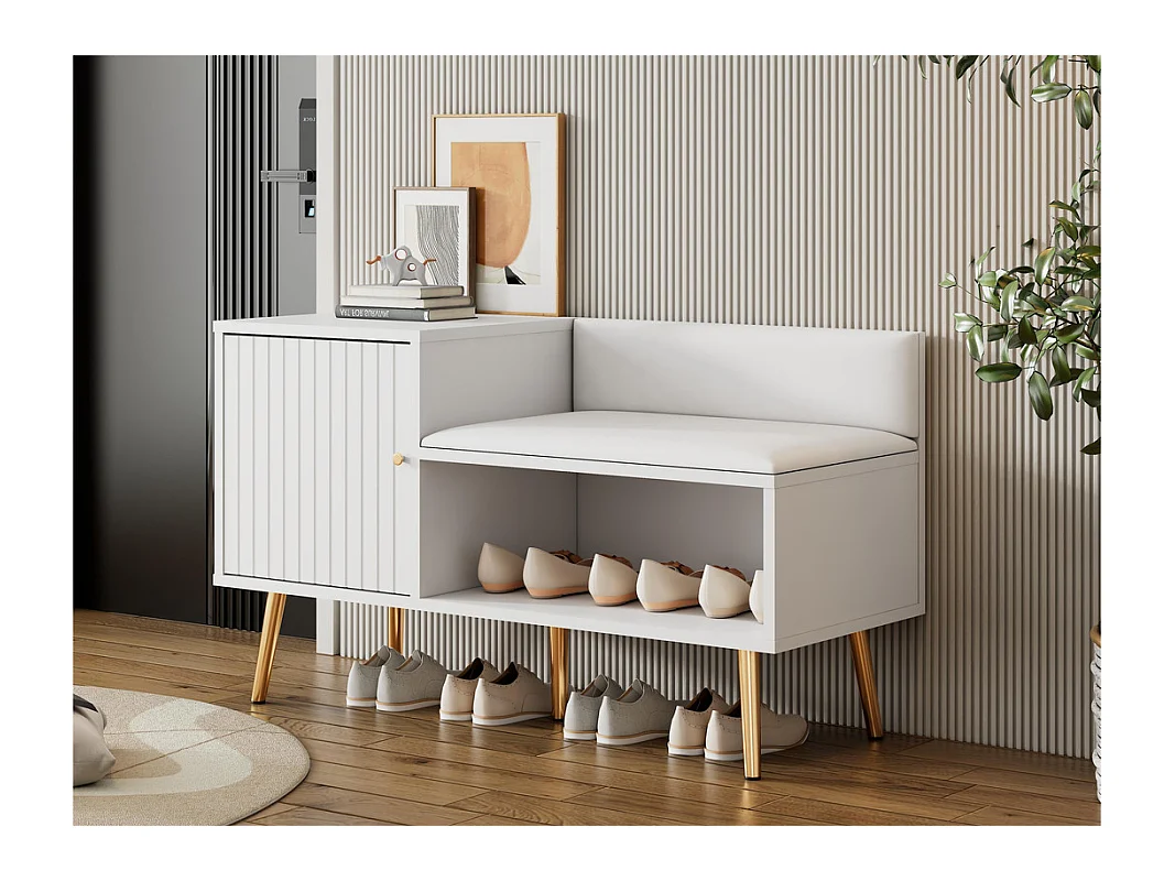 Schoenenkast - met bank en 2 vakken - met handgrepen en metalen poten - moderne stijl - Wit
