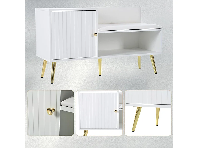 Meuble à chaussures- avec banquette et 2 compartiments - avec poignées et pieds en métal - style moderne - Blanc