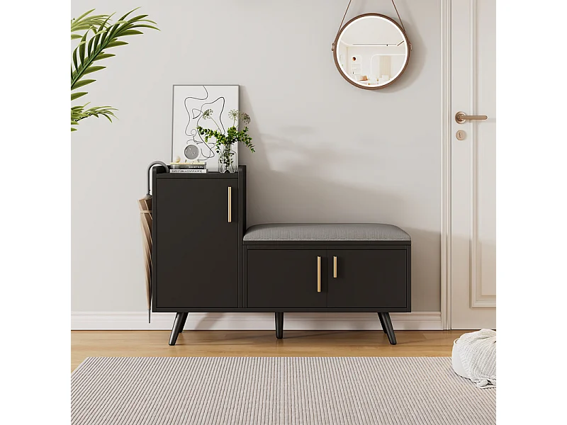 Meuble à chaussures - avec banquette et 2 compartiments - avec poignées et pieds en métal - style moderne - Noir