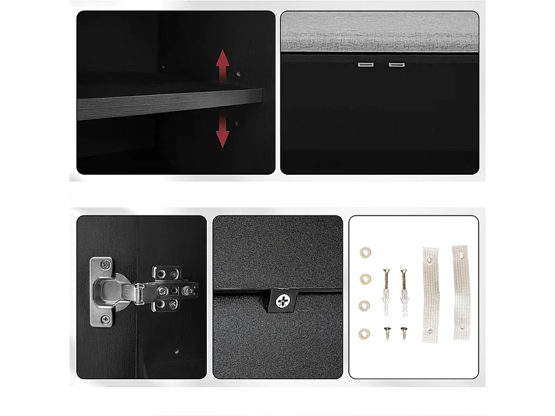 Meuble à chaussures - avec banquette et 2 compartiments - avec poignées et pieds en métal - style moderne - Noir