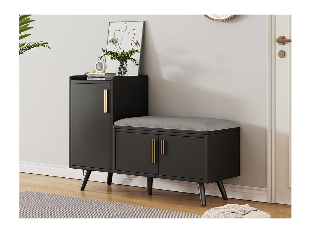 Meuble à chaussures - avec banquette et 2 compartiments - avec poignées et pieds en métal - style moderne - Noir
