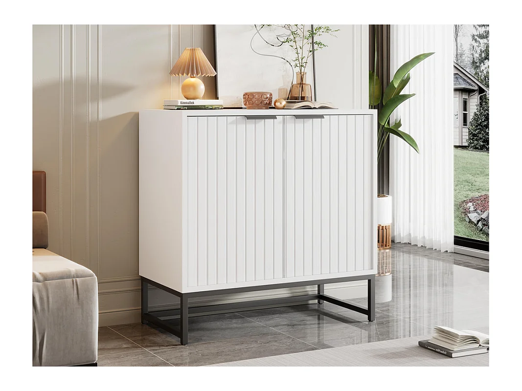 Buffet bas - style scandinave - 2 portes décoratives à grains verticaux - Blanc