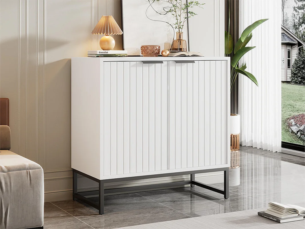 Aparador bajo - Estilo escandinavo - 2 puertas decorativas con vetas verticales - Blanco