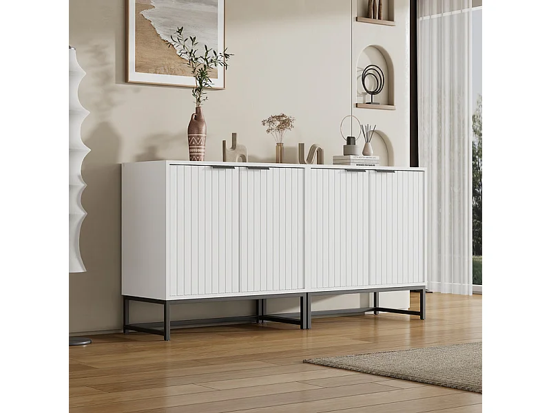 Aparador bajo - Estilo escandinavo - 2 puertas decorativas con vetas verticales - Blanco