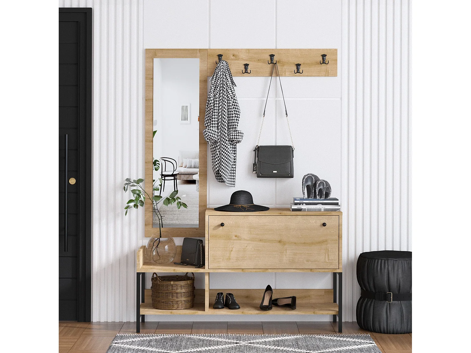 Conjunto pasillo Kailua V116, 120x35cm, Espejo, Roble|Negro, Aglomerado laminado