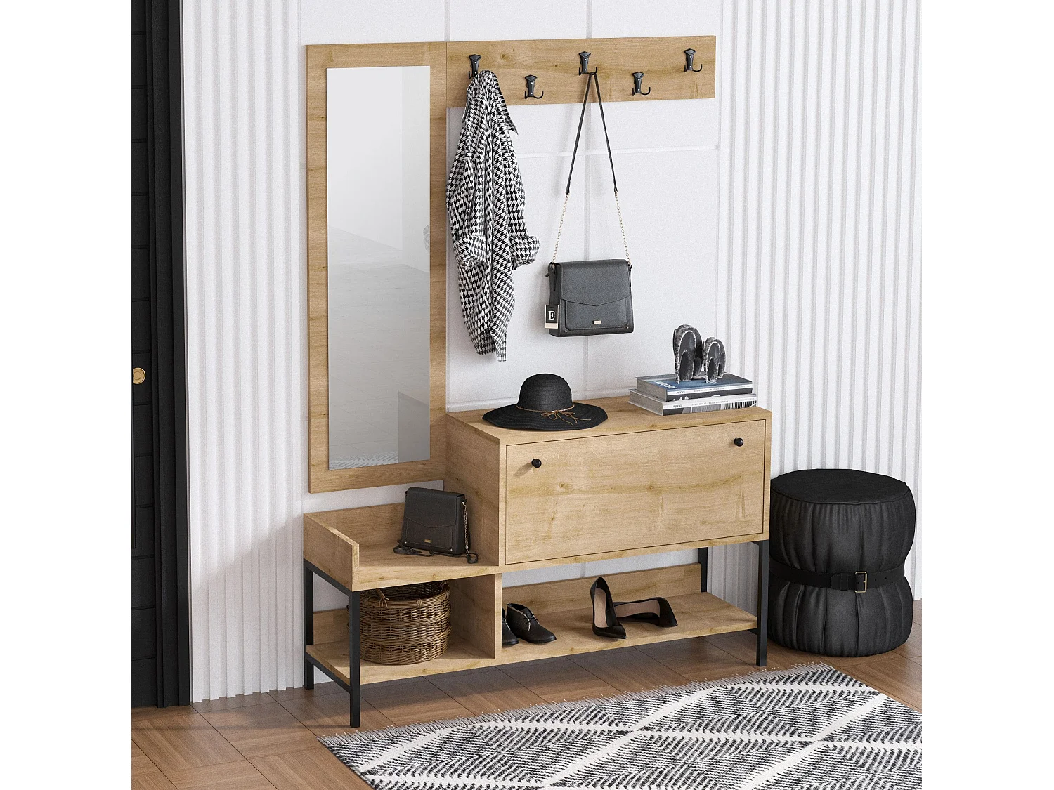 Conjunto pasillo Kailua V116, 120x35cm, Espejo, Roble|Negro, Aglomerado laminado