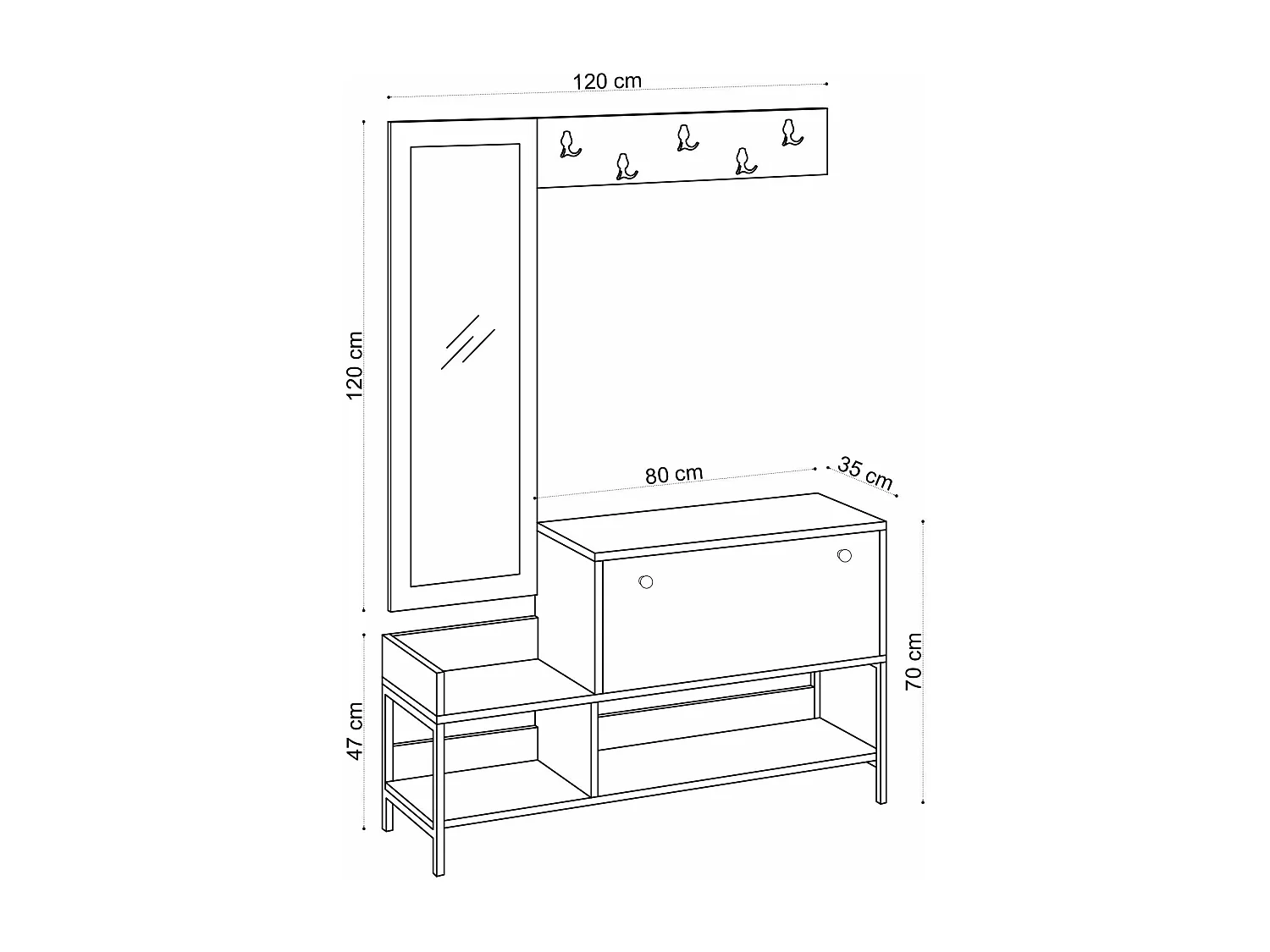 Conjunto pasillo Kailua V116, 120x35cm, Espejo, Roble|Negro, Aglomerado laminado