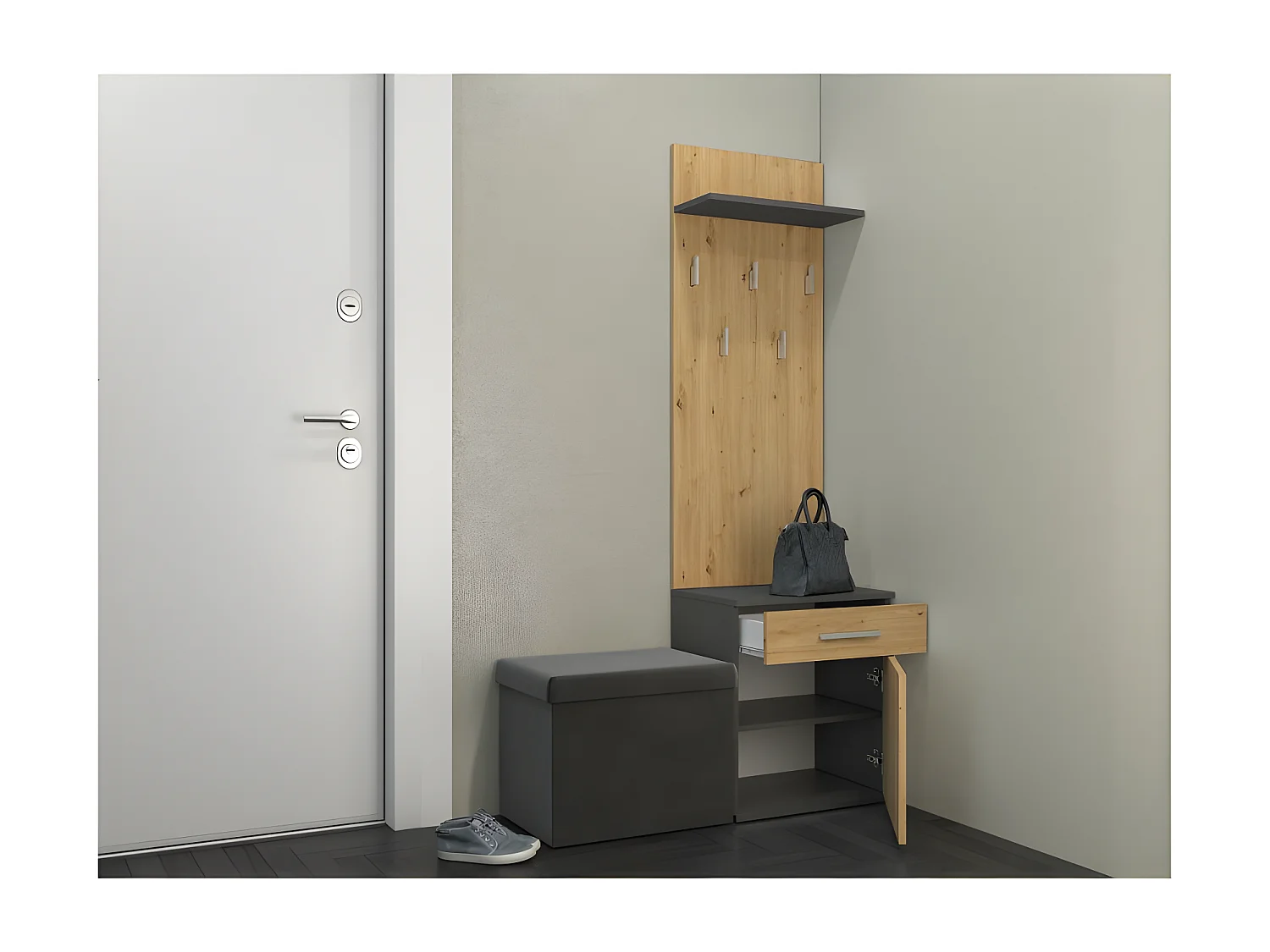 VIONI - Garderobenmöbel für den Eingangsbereich - Wandgarderobe mit Regal - 5 Haken - Schublade + Aufbewahrungsmöbel
