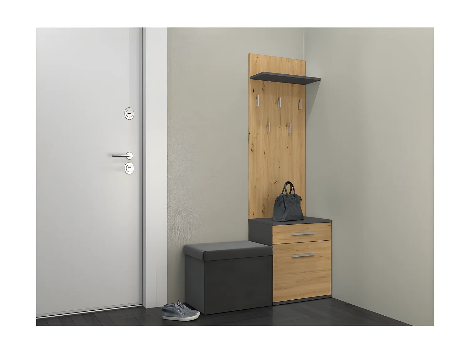 VIONI - Garderobenmöbel für den Eingangsbereich - Wandgarderobe mit Regal - 5 Haken - Schublade + Aufbewahrungsmöbel