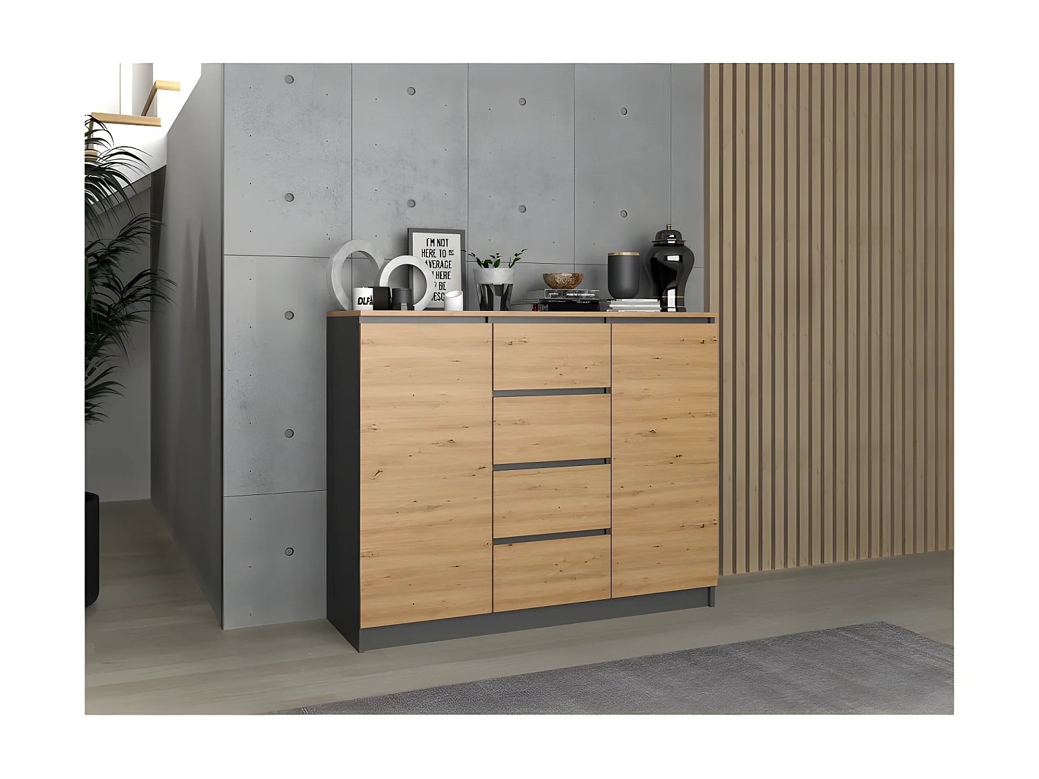 PARME 120 - Commode 2 portes + 4 tiroirs - Dimensions 97x120x40 cm - Meuble de rangement