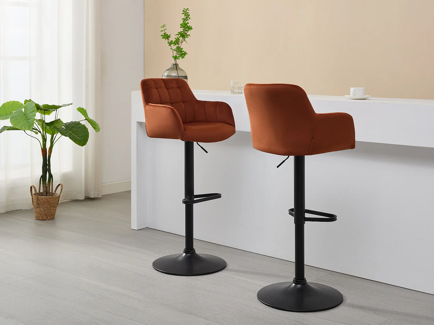 Lot de 2 tabourets de bar en velours et métal noir - Hauteur réglable - Terracotta - PEGA de Pascal MORABITO