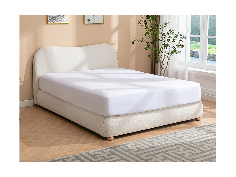 Bett mit Bettkasten + Matratze - 160 x 200 cm - Bouclé-Stoff - Weiß - VANARI