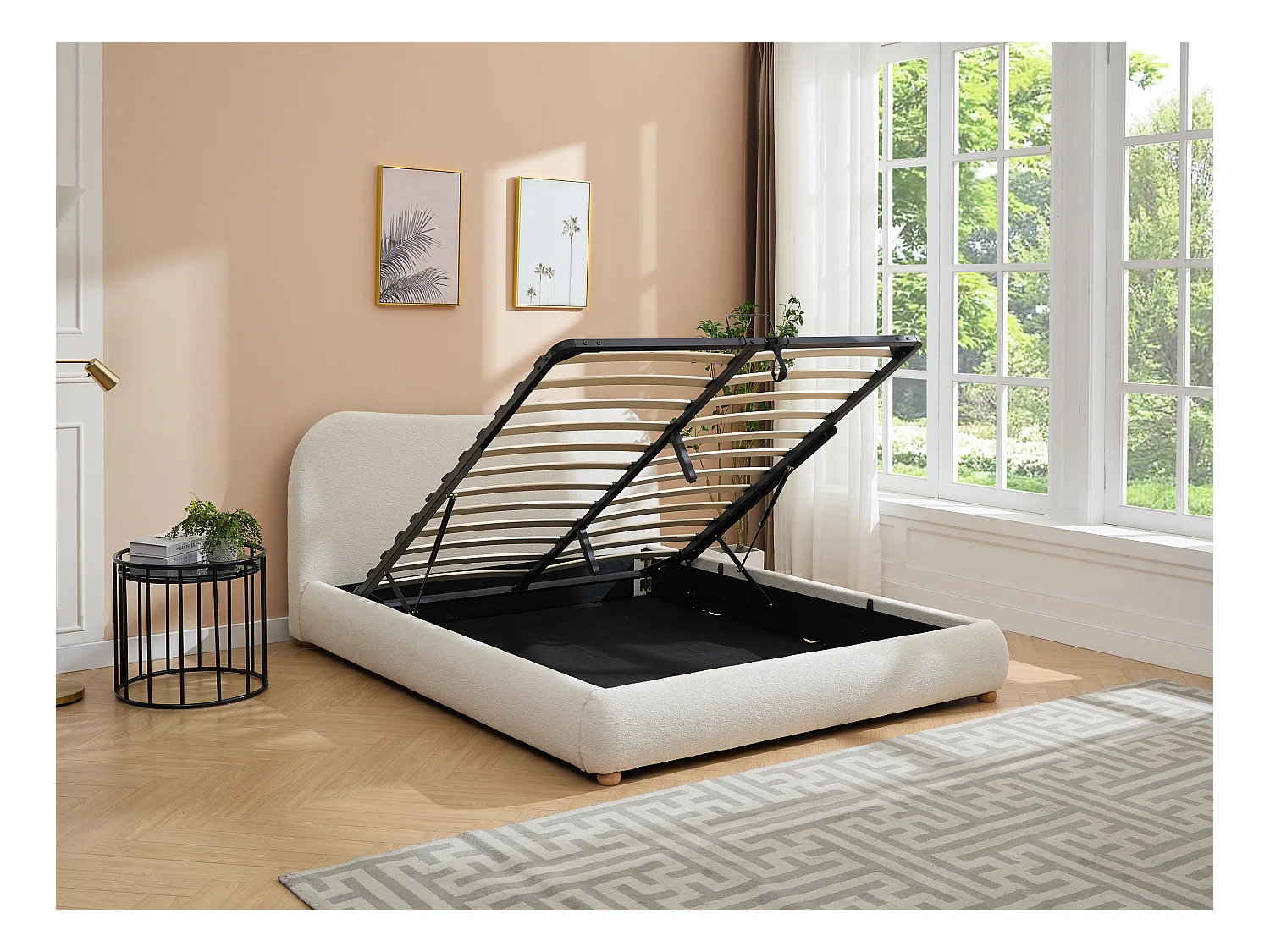 Lit coffre 160 x 200 cm - Tissu bouclette - Blanc + Matelas - VANARI