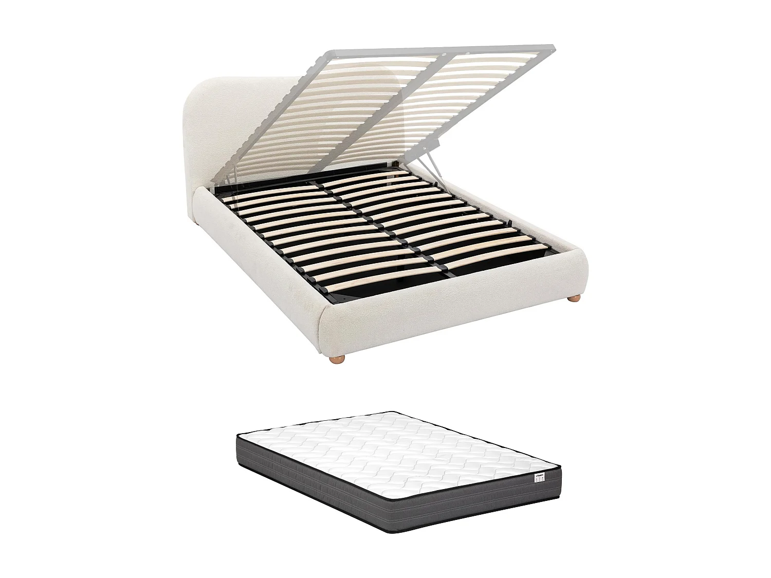 Lit coffre 160 x 200 cm - Tissu bouclette - Blanc + Matelas - VANARI